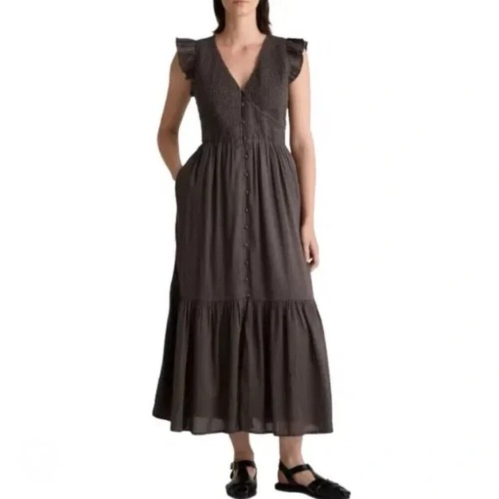 Quince Organic Textured Cotton Smocked V-Neck Midi Dress